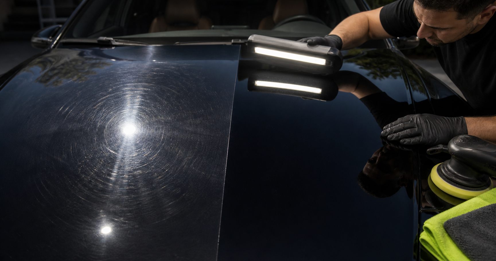 Paint correction inspection on glossy car paint