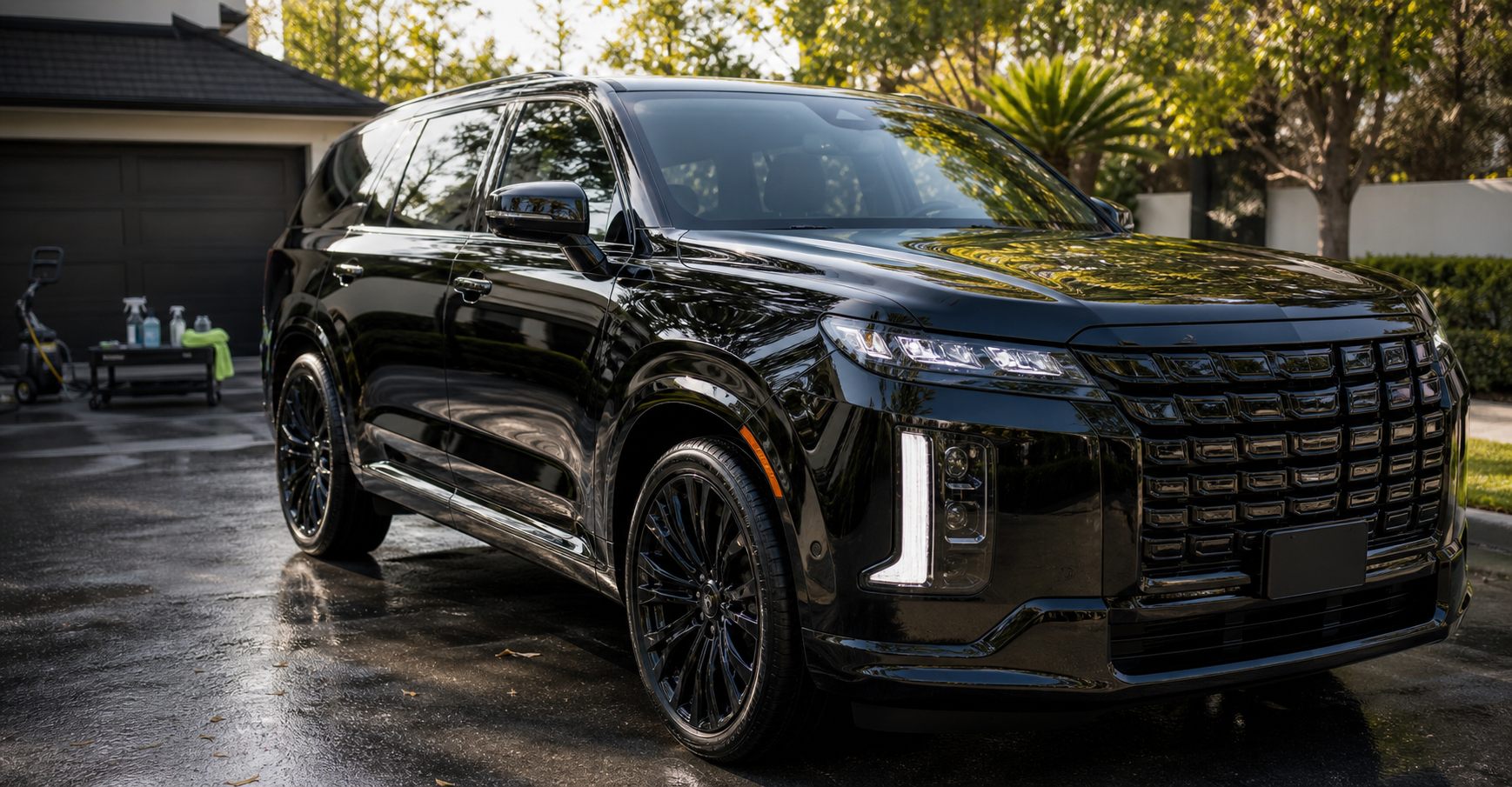 Glossy black SUV after exterior detailing