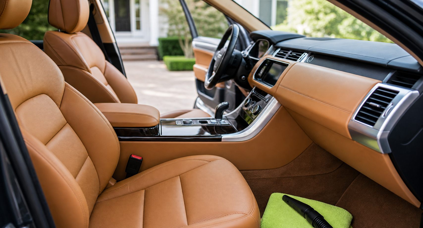 Freshly cleaned tan leather vehicle interior
