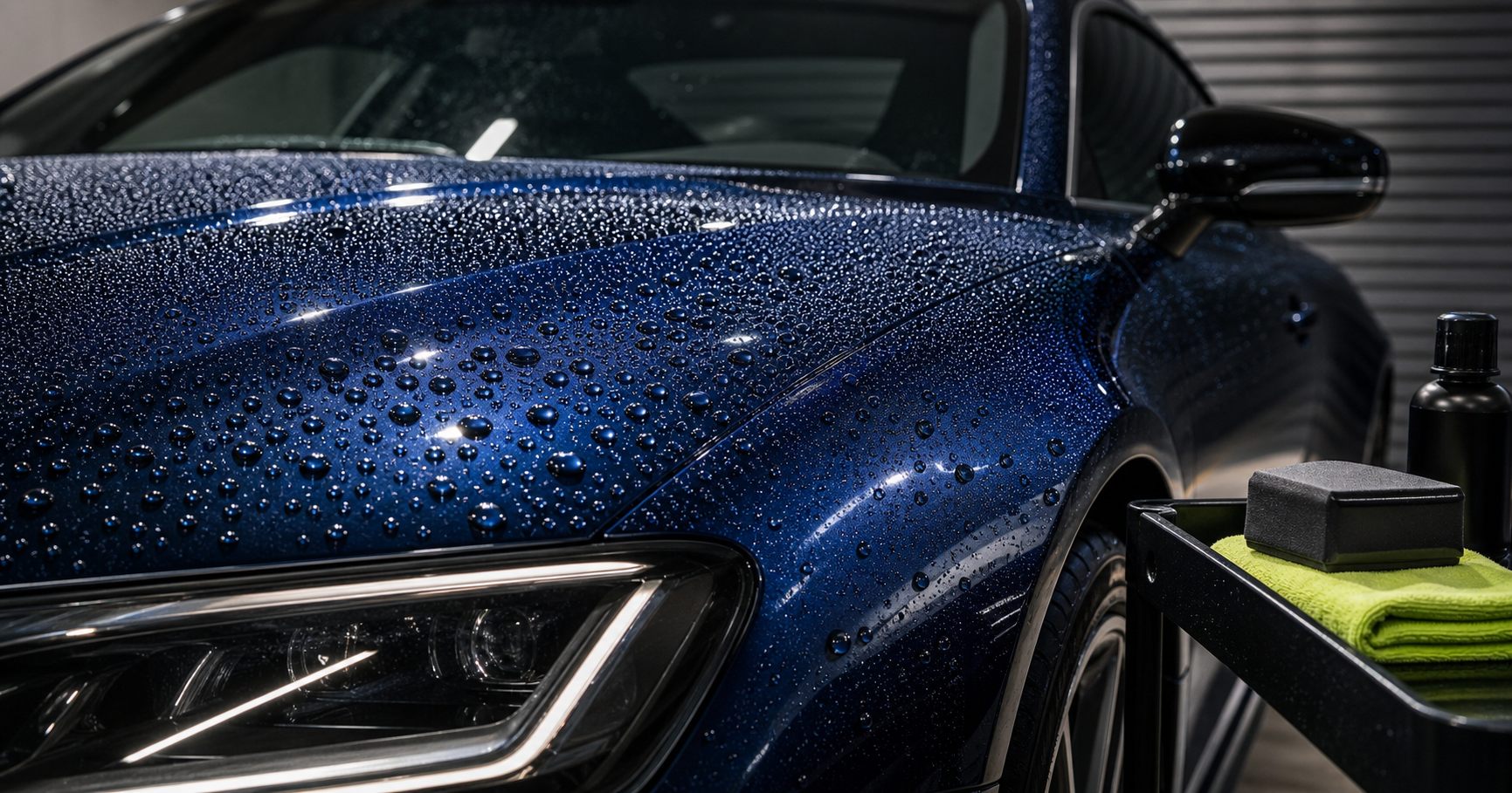 Ceramic coating water beading on dark blue paint