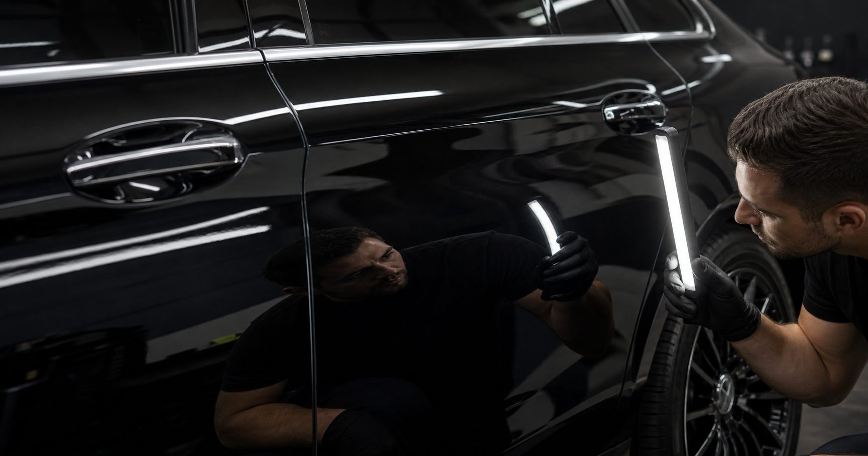 Paint correction inspection light on black car door