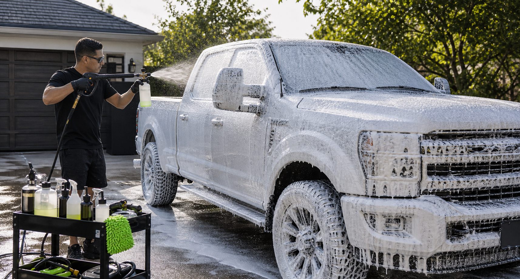 White pickup truck covered in detailing foam