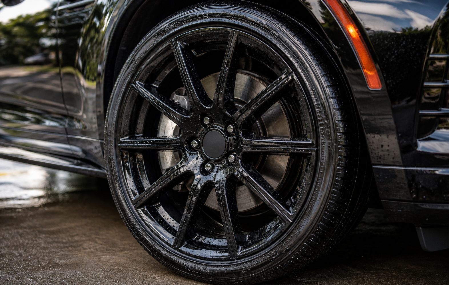 Clean coated wheel and tire detail close up
