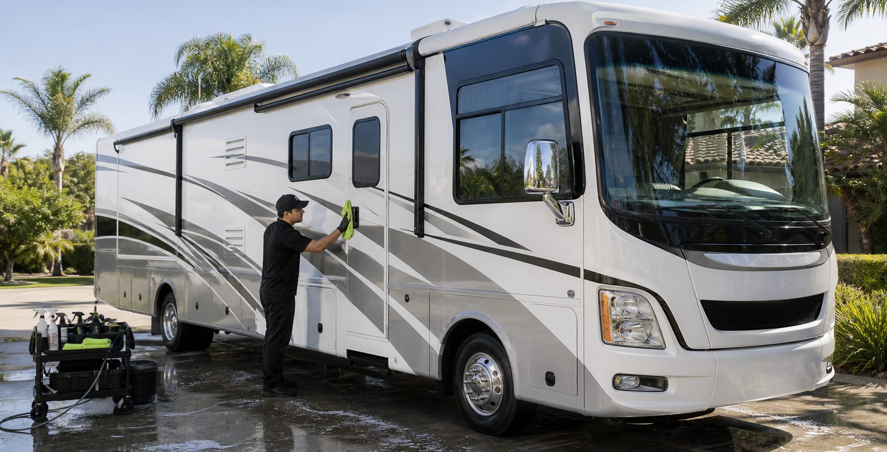 Clean RV motorhome after exterior washing and detailing